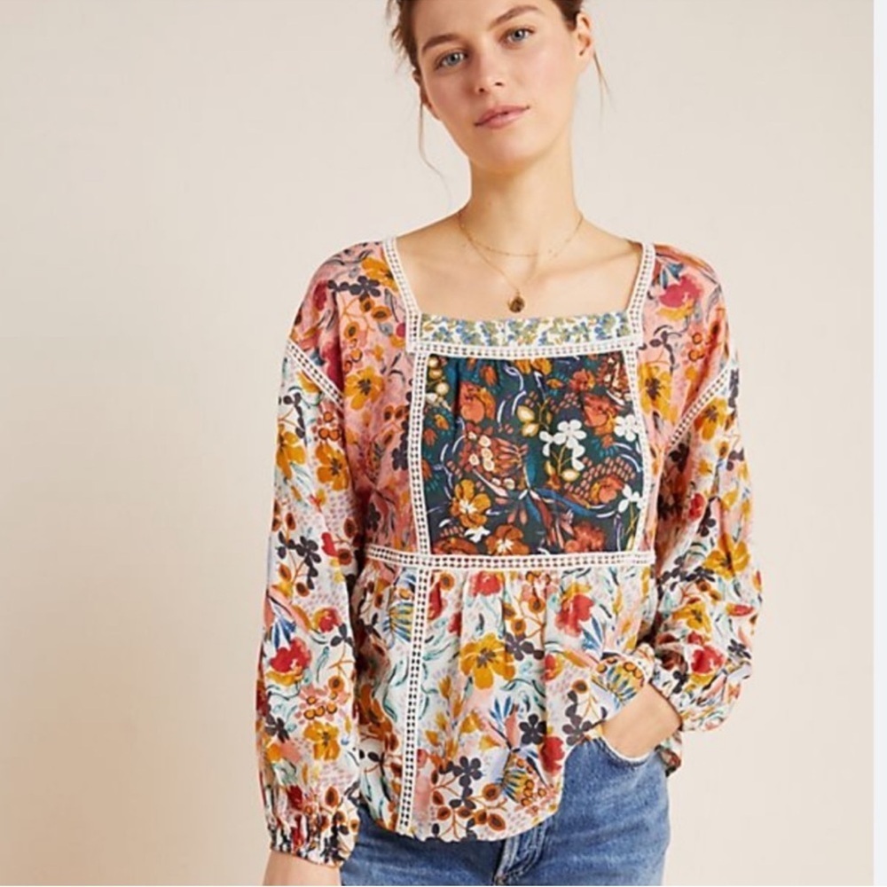 Anthropologie Maeve Nikki Peasant Blouse Floral Bohemian XS